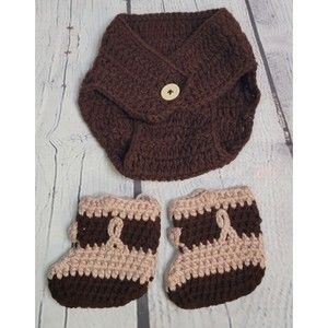 Crocheted Newborn Diaper Cover with Matching Crocheted Booties Brown & Beige